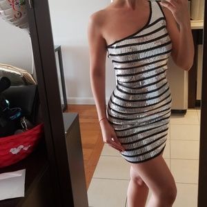 Holiday party Bebe Sequin silver/black striped holiday dress